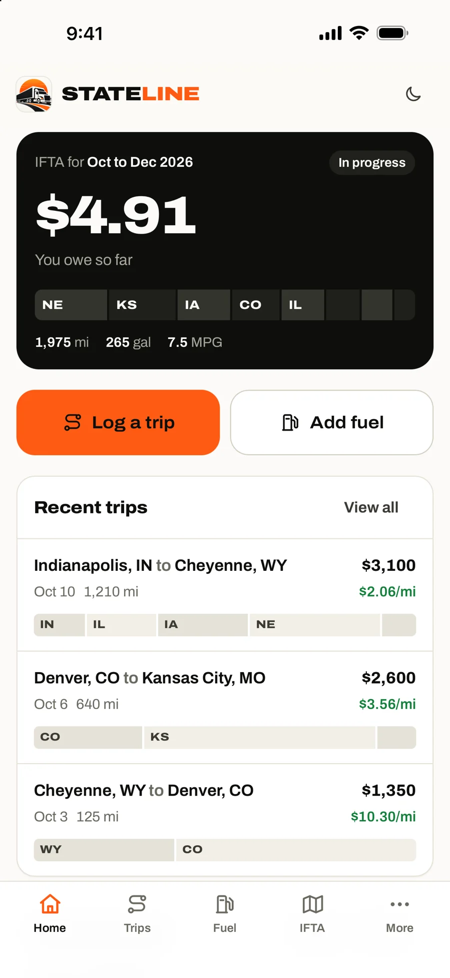 The Stateline app's Home screen: this quarter's IFTA bill with miles by state, and recent trips